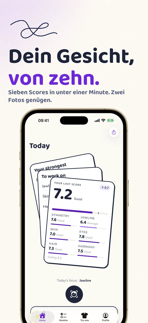 Dein Gesicht, von zehn: der Startbildschirm der App mit einem Gesamtwert von 7,2 und den sieben Werten darunter.