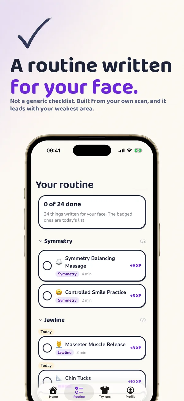 A routine written for your face: the routine screen, with the day's tasks grouped by the score each one works on.