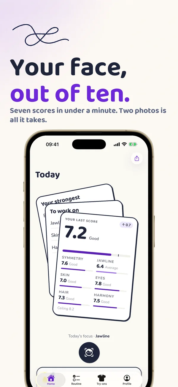 Your face, out of ten: the app's Home screen, with an overall score of 7.2 and the seven scores under it.