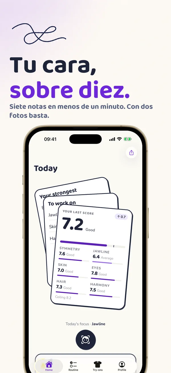 Tu cara, sobre diez: la pantalla de inicio de la app, con una puntuación general de 7,2 y las siete puntuaciones debajo.