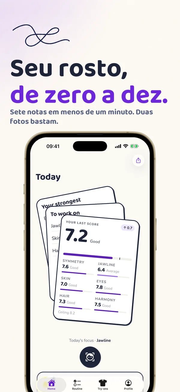 Seu rosto, de zero a dez: a tela inicial do app, com nota geral 7,2 e as sete notas logo abaixo.