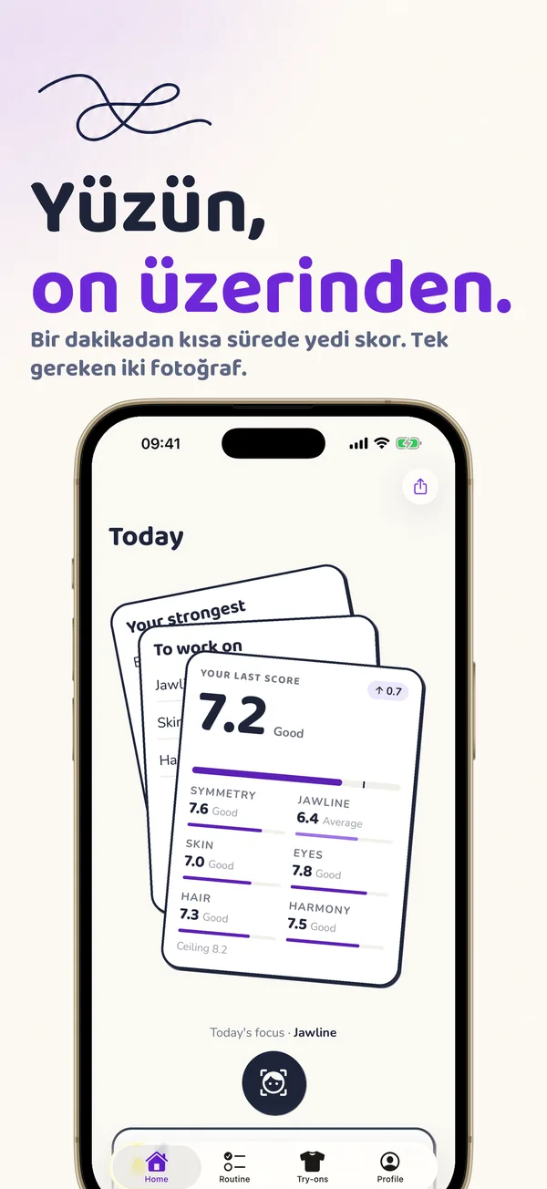 Yüzün, on üzerinden: uygulamanın ana ekranı; 7,2 genel puan ve altında yedi puan.